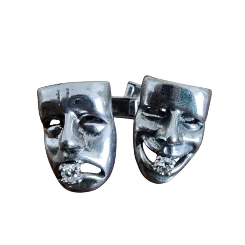 Vintage Sterling Silver Cufflinks w/Diamonds Comedy Tragedy Theater Masks
