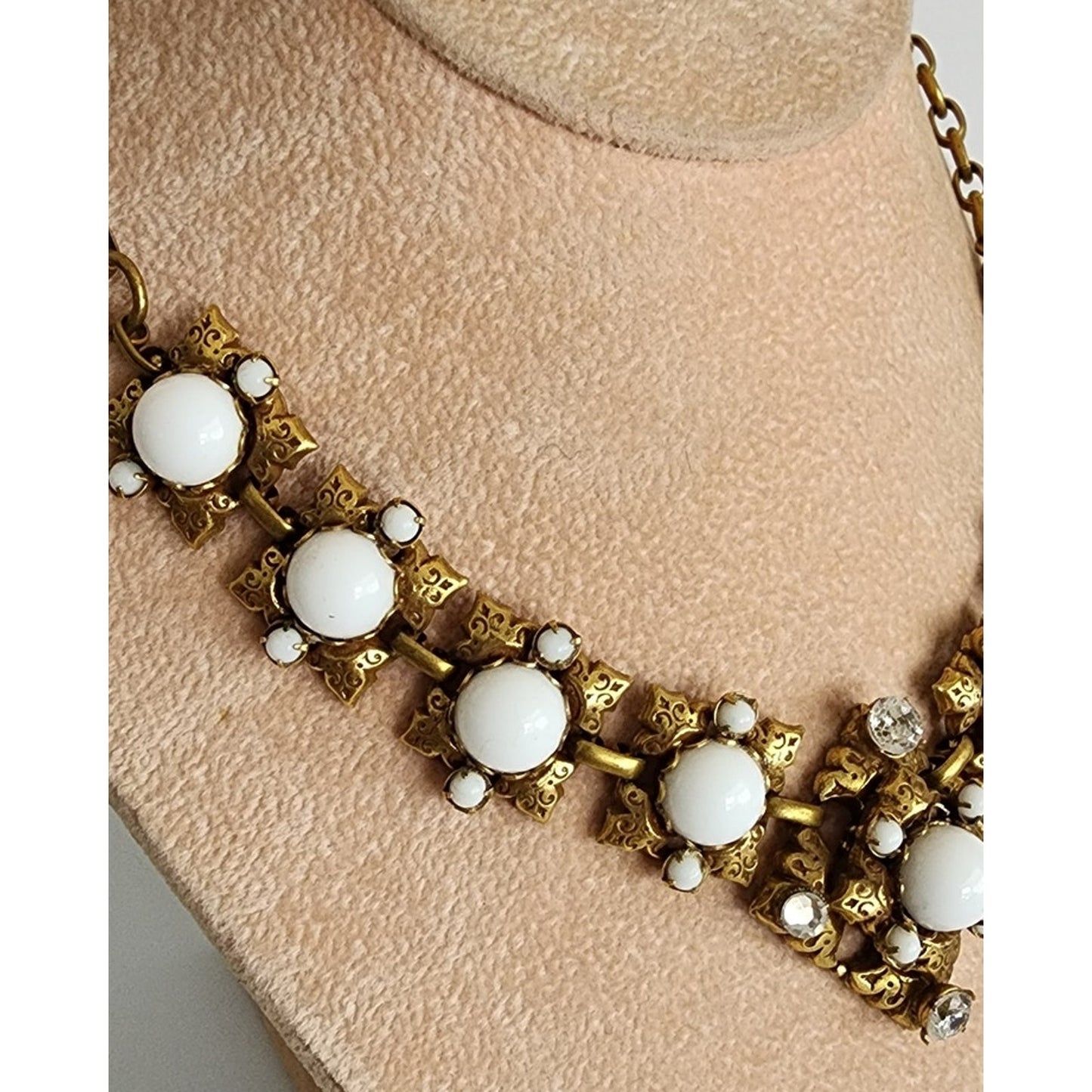 1960s Choker Necklace White Milk Glass & Gold Baroque Style