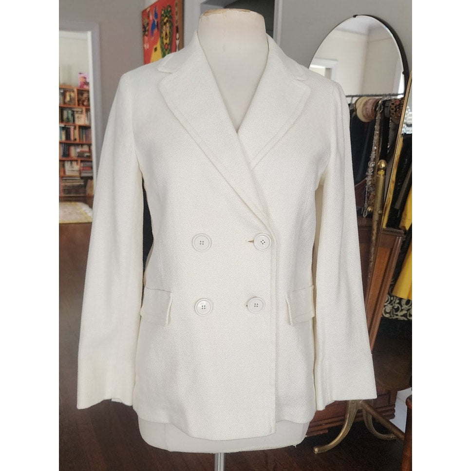'S MAX MARA Double-breasted Pea Jacket in White Linen Blend
