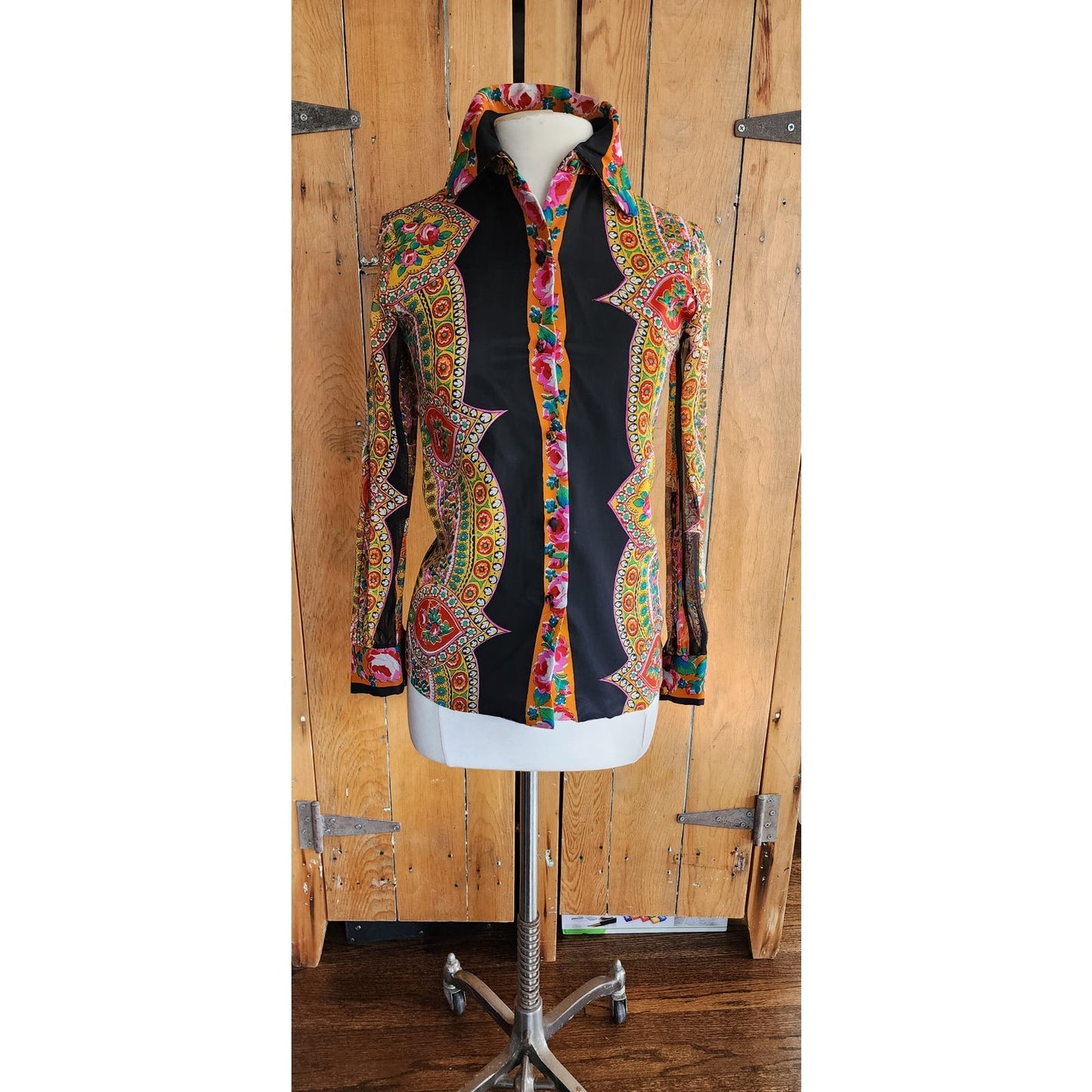 Vintage 70s Psychedelic Blouse Black Gold Button Down Baroque Print