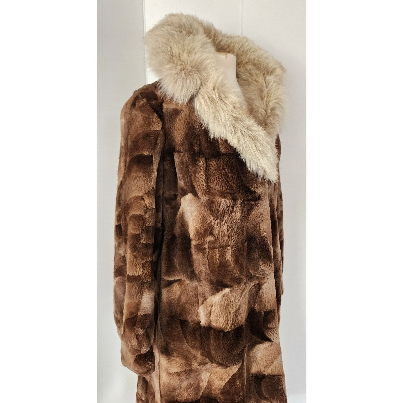 Vintage 80s Patchwork Fur Coat Sheared Beaver Blue Fox Collar