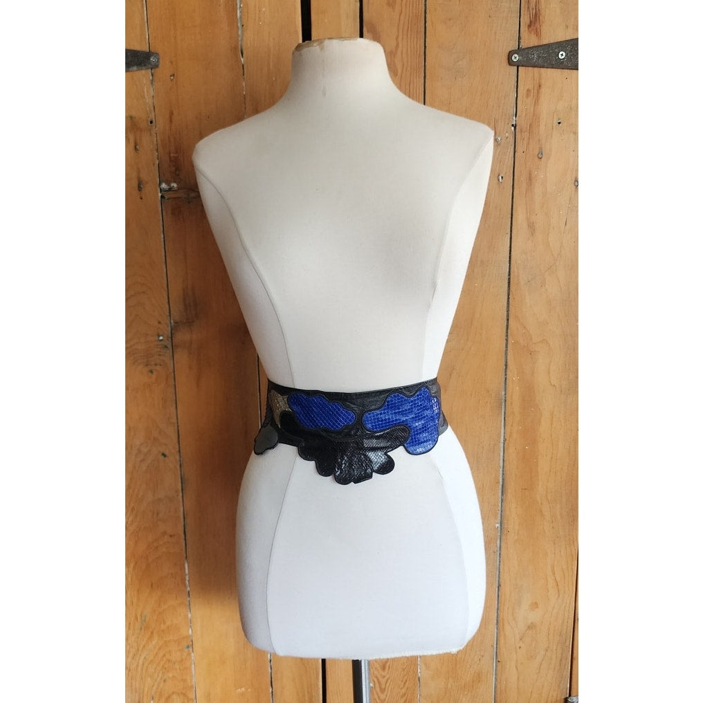 Vintage 80s Belt Snakeskin Leather Blue Beige Black Sash Tie