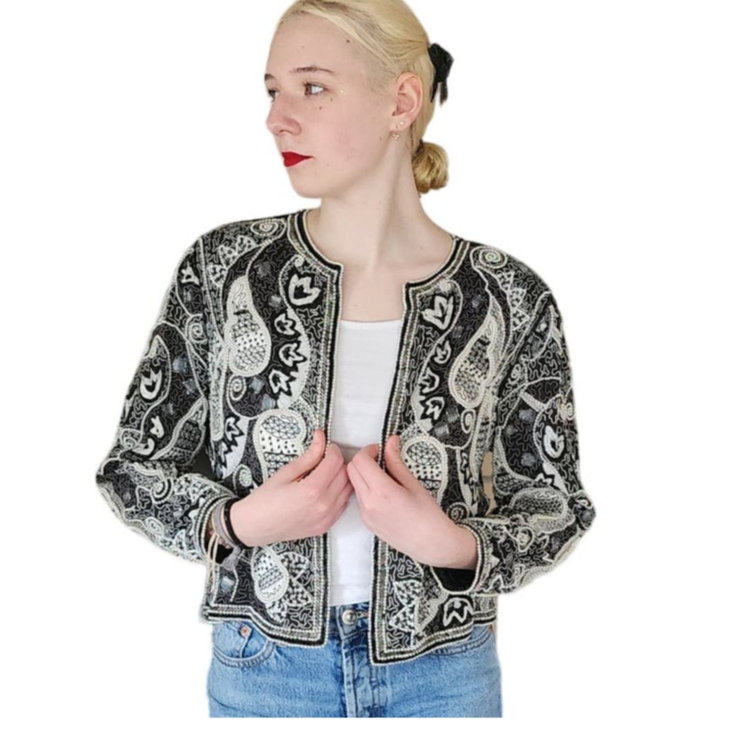 Vintage 80s Beaded Blazer Judith Ann Cropped Jacket Black & White Paisley