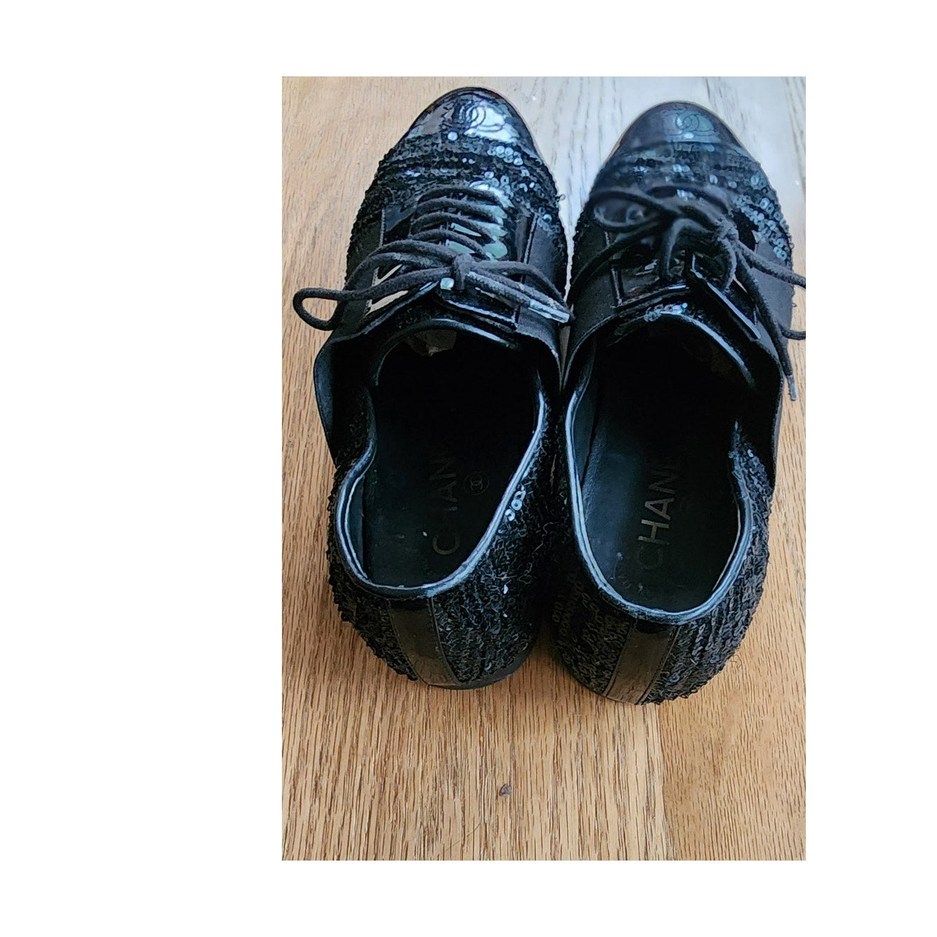 CHANEL Lace Up Shoes Loafers Black Patent Leather & Sequins 38 1/2