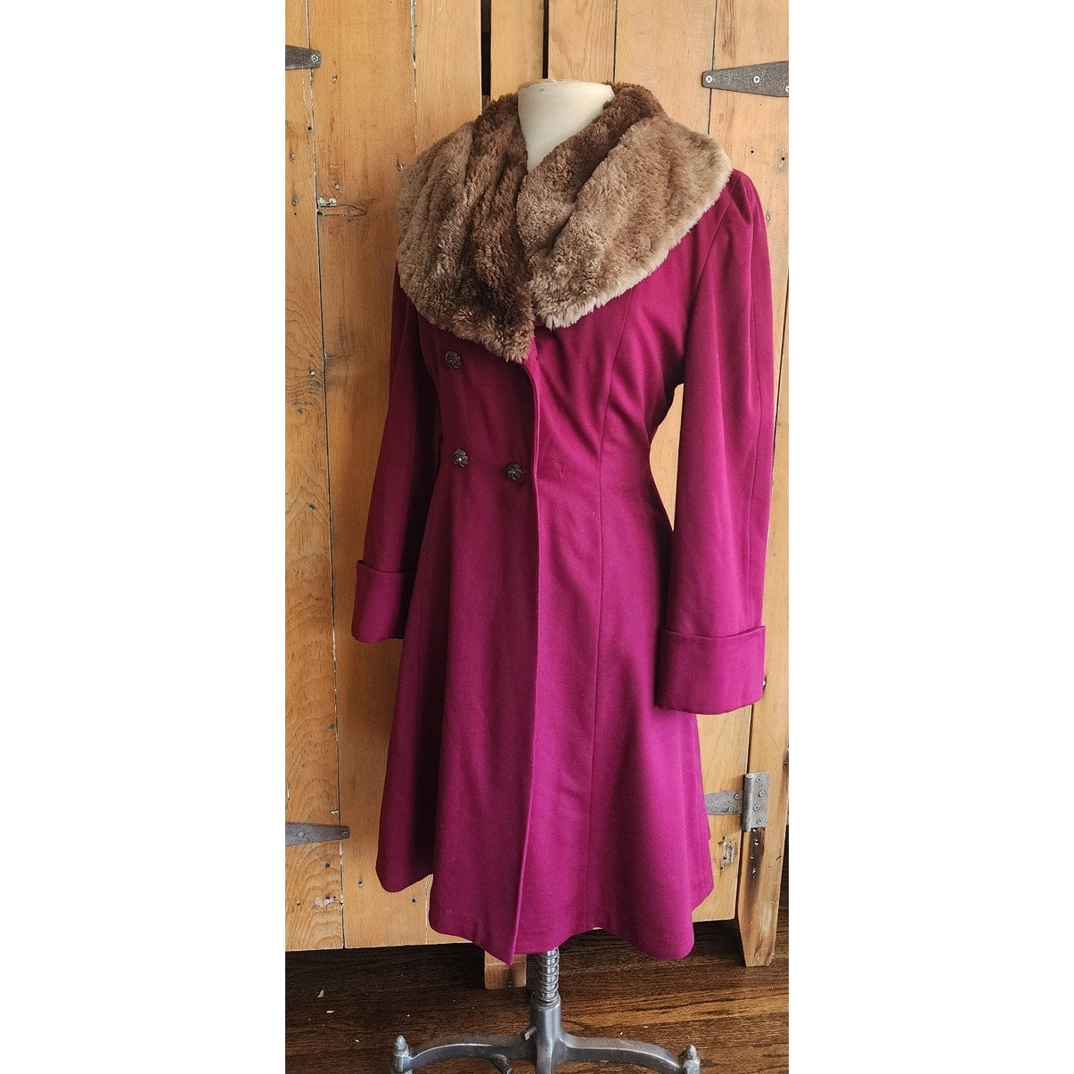 Vintage 1940s Purple Wool Princess Coat Sheared Beaver Fur Collar Double Breasted