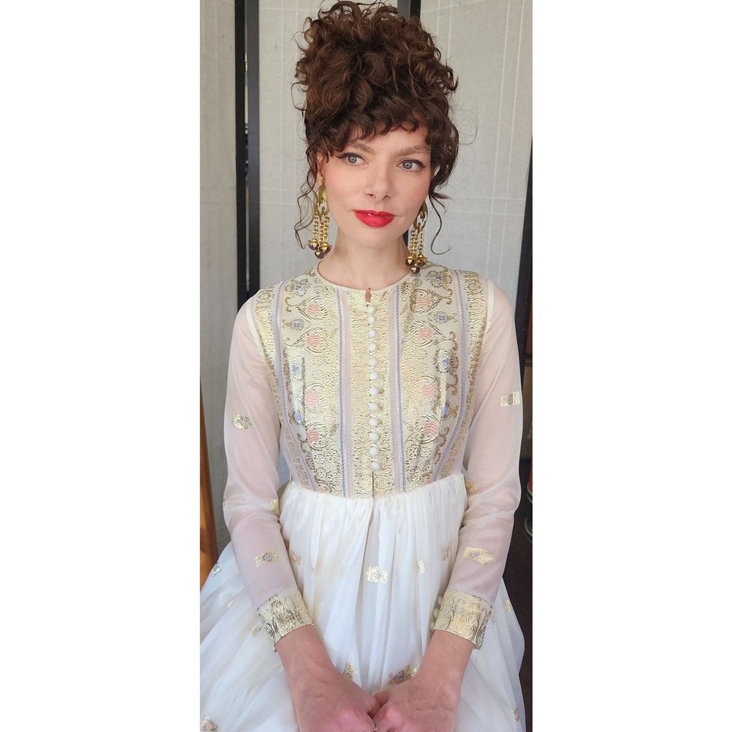 Vintage 70s Embroidered Dress Gold Lurex & White Organza / Chuck Howard Boutique