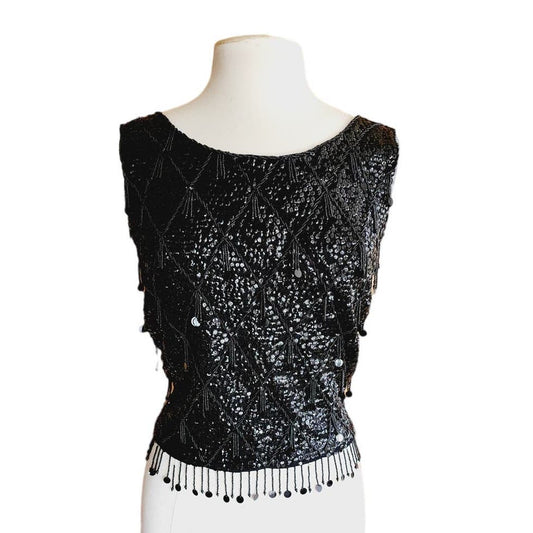 Vintage 60s Black Beaded Shell Top Dressy Sleeveless