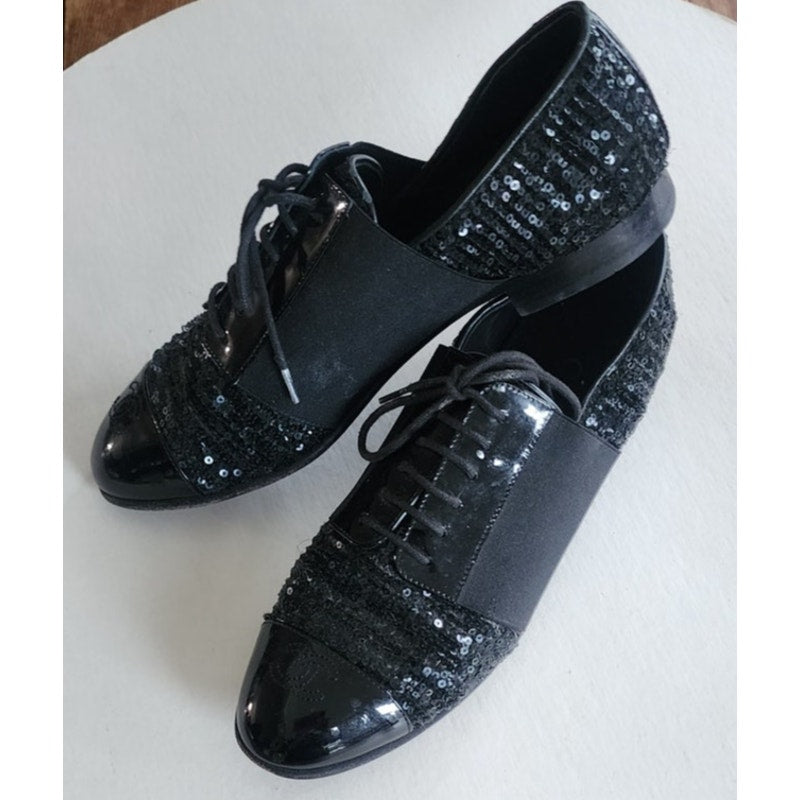 CHANEL Lace Up Shoes Loafers Black Patent Leather & Sequins 38 1/2
