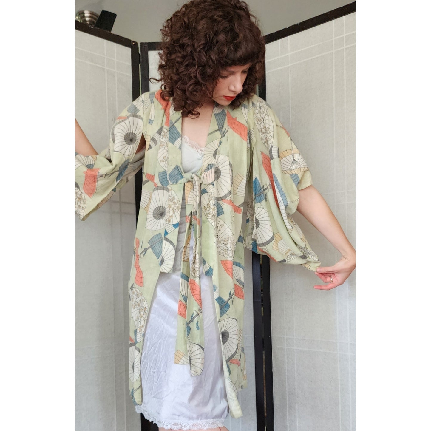 Antique Kimono Haori Jacket Umbrella Cotton Linen Print