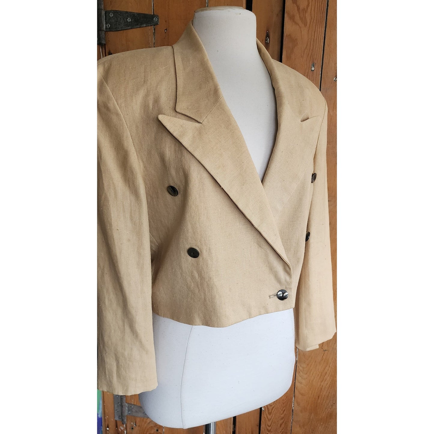 Vintage 80s Beige Linen Blazer Cropped Jacket Marshall Fields