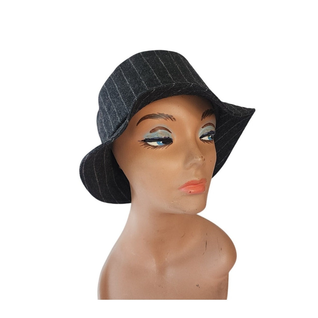 Vintage 90s Bucket Hat Yves Saint Laurent Gray Pinstriped Wool