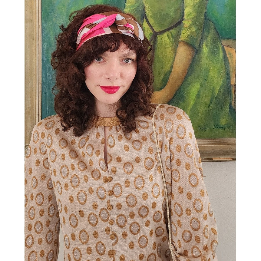 Vintage 60s Metallic Print Dress Beige Gold Tannel Knits / M