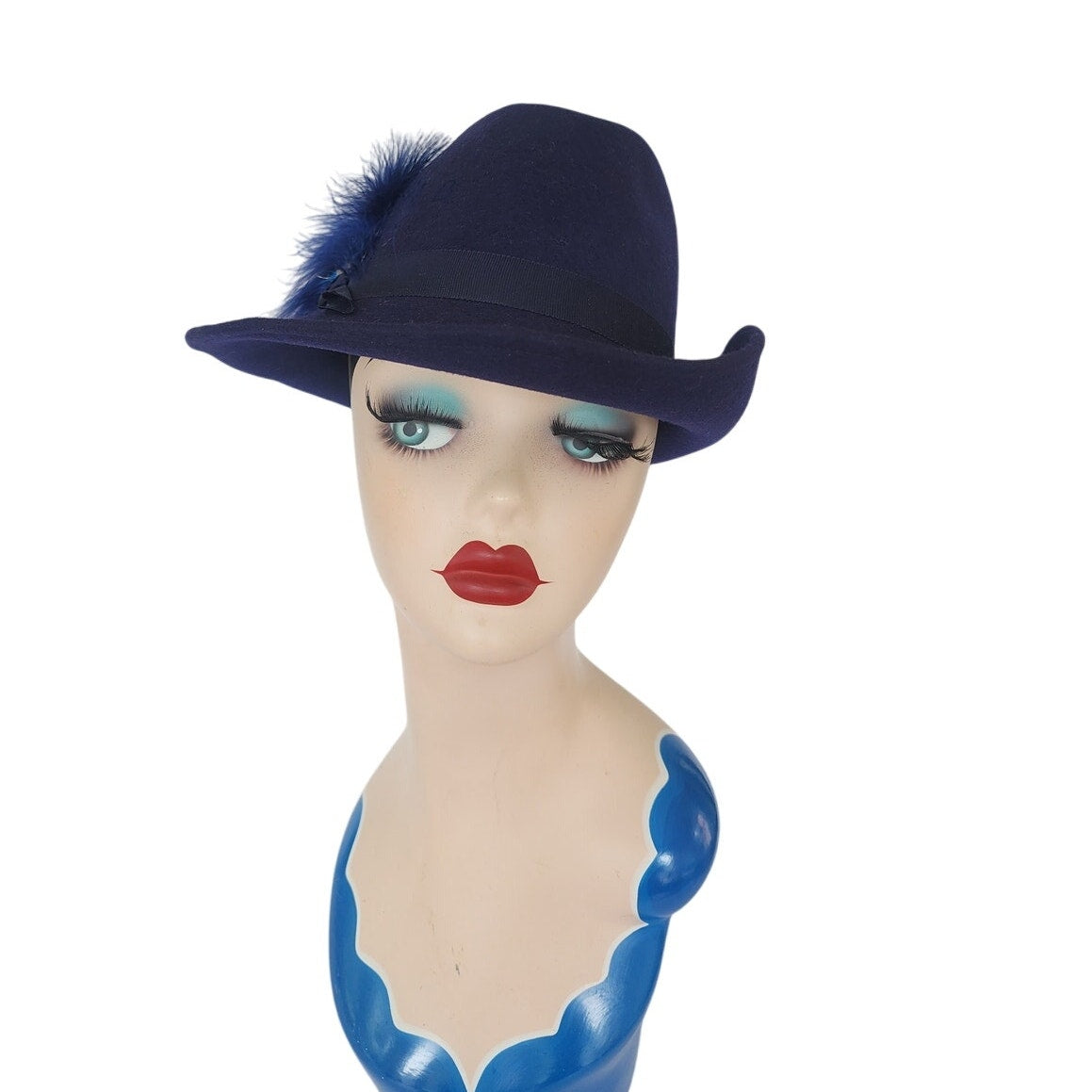 Vintage 1970s Ladies Fedora Blue Wool w/Feather Tally-Ho