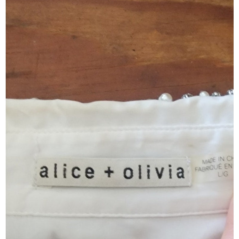 Alice + Olivia White Shirt Embellished Silver Rhinestone Crystal Beads Long Sleeve Button Down