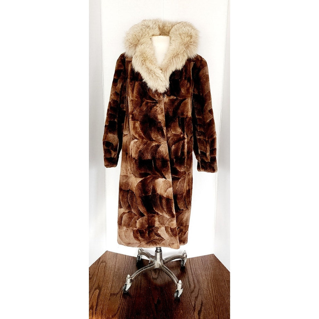Vintage 80s Patchwork Fur Coat Sheared Beaver Blue Fox Collar