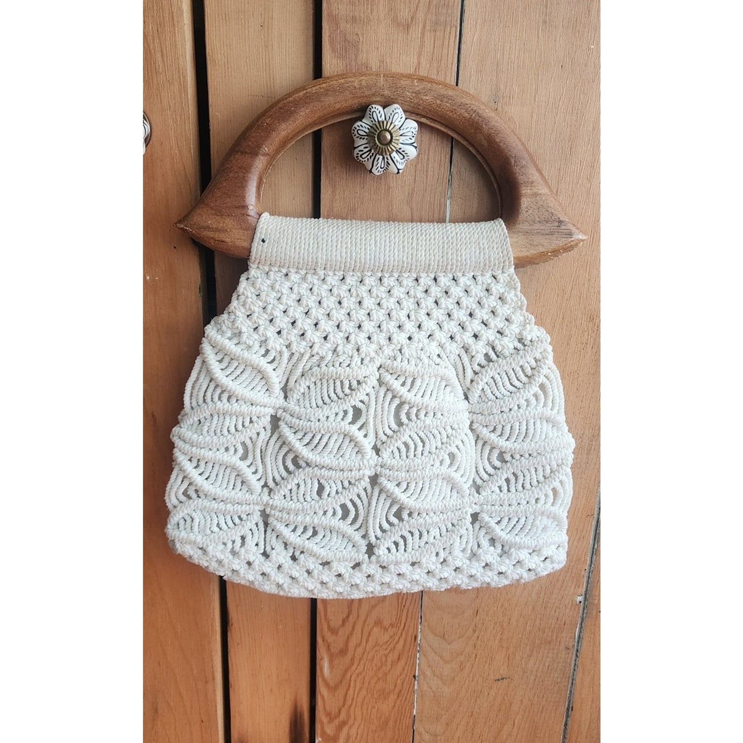 Vintage 70s Macrame Hand Bag Cream White Crochet Purse Wood Handle