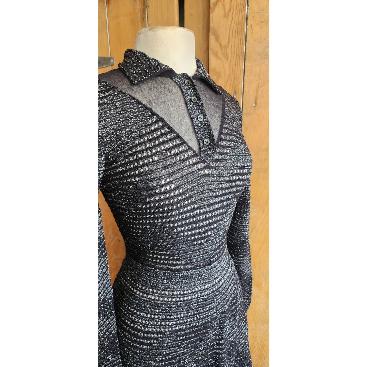 Vintage MISSONI Knit Dress Metallic Black Midi Length Stretchy / S-M