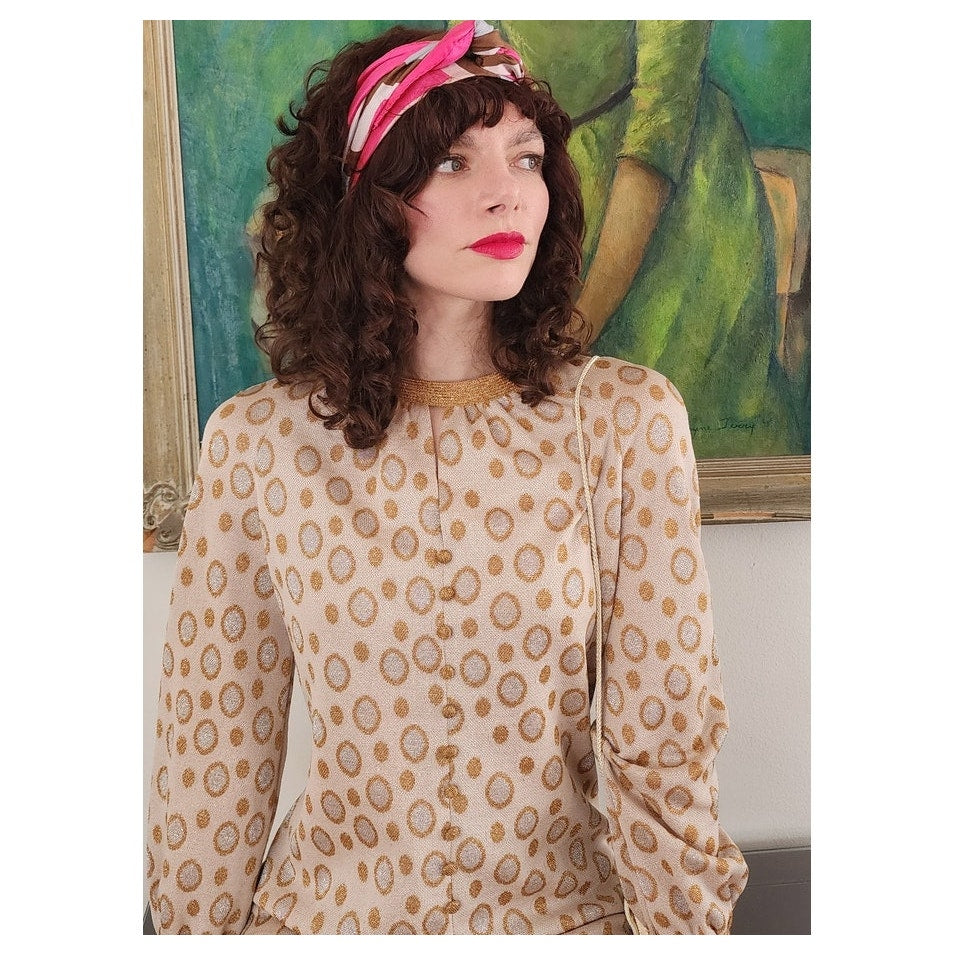 Vintage 60s Metallic Print Dress Beige Gold Tannel Knits / M