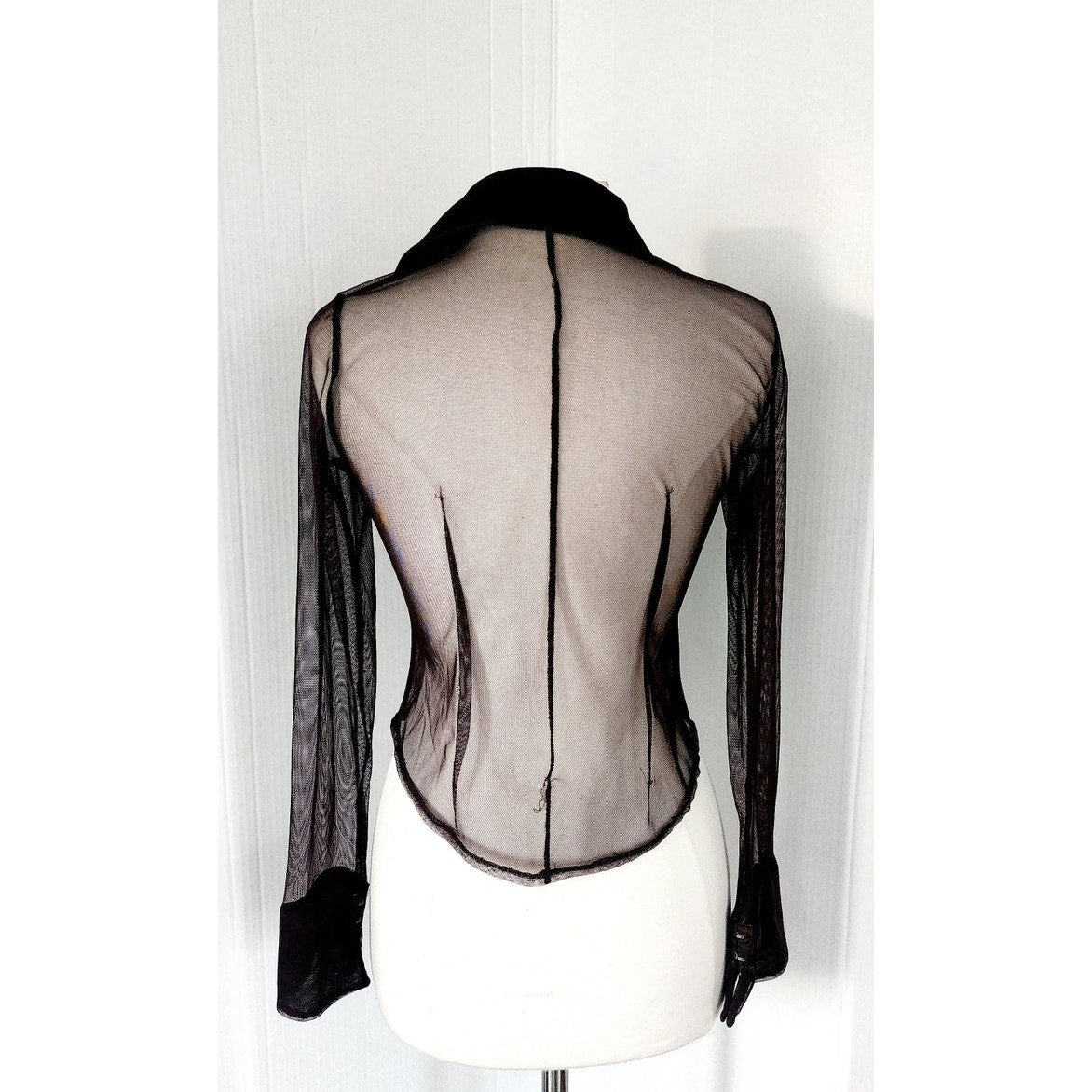 Vintage 90s Sheer Blouse Brown Mesh Ruffled Front