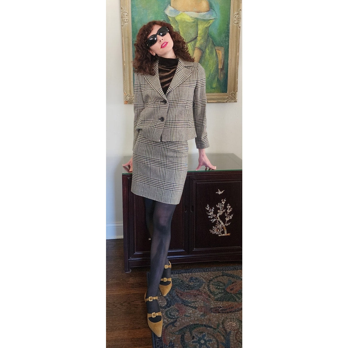 Vintage 90s Brooks Brothers Skirt Suit Moon Wool Houndstooth Black White