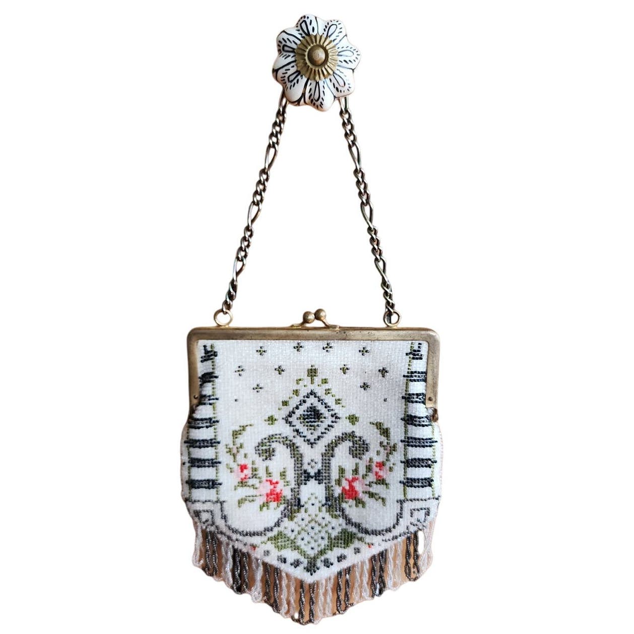 Vintage Beaded Bag Art Deco Style Glass Bead Purse Fringed