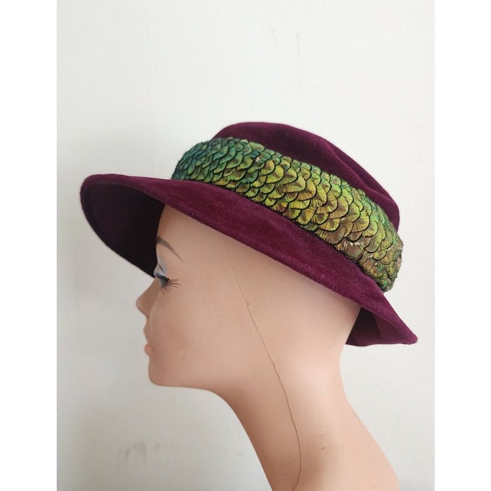 Vintage 60s Purple Velvet Hat Fedora w/Green Feathers by Paulette