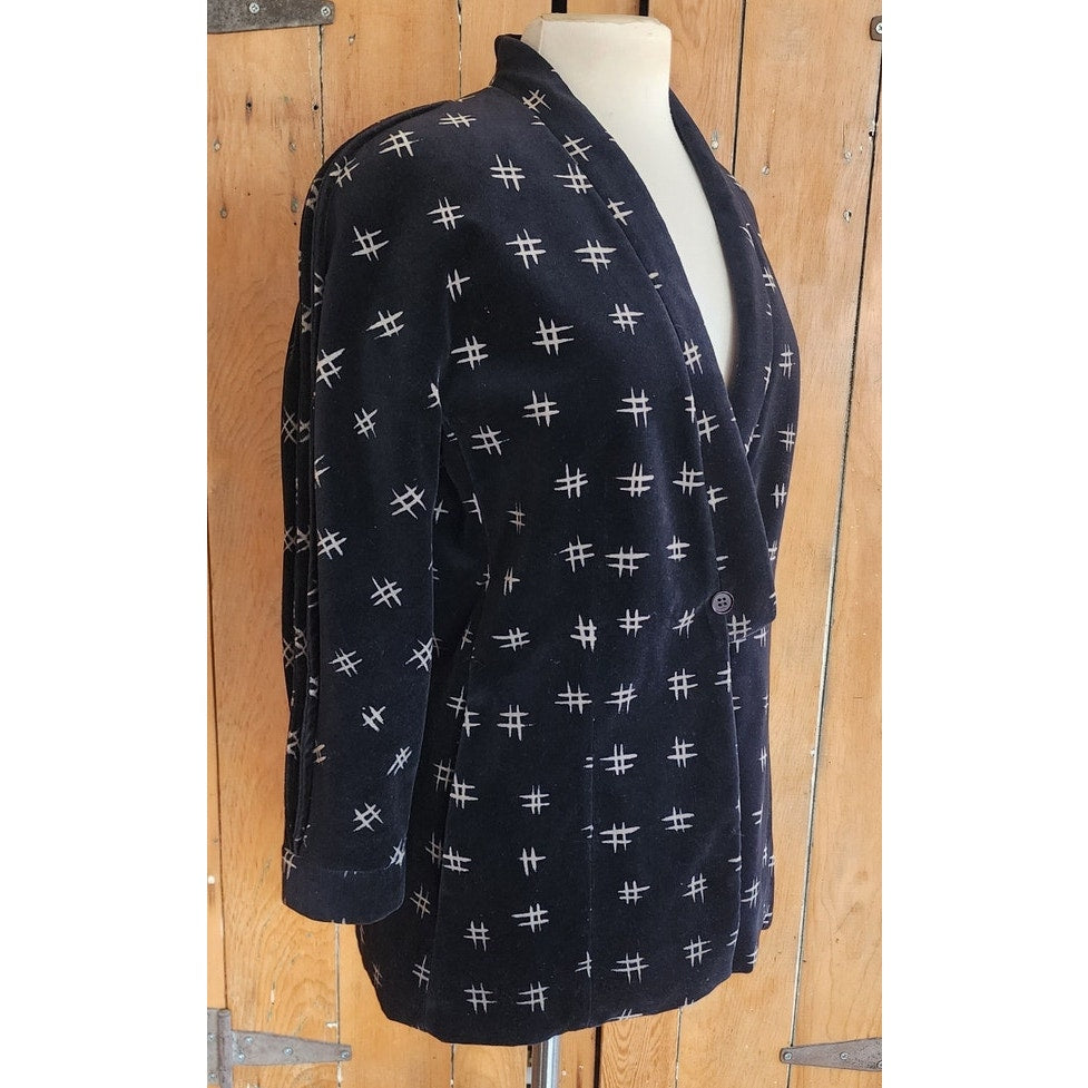 Vintage 80s Armani Blazer Womens Black Velvet Jacket w/ Cream Print / S