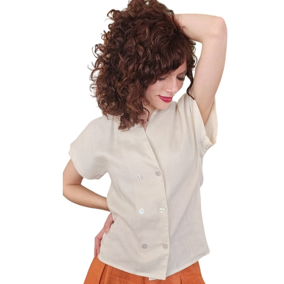 Vintage 90s Linen Blouse Short Sleeved Cream Linen / S