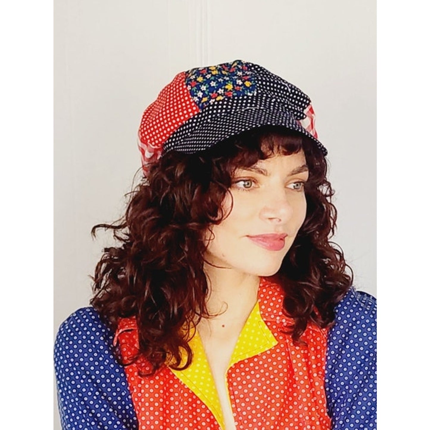 Vintage 70s Patchwork Quilt Hat Newsboy Hat Gingham Print Boho