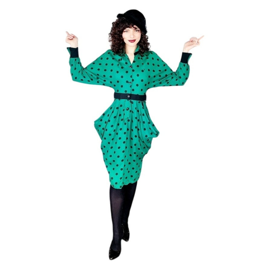 Vintage 80s Does 40s Green Polkadot Print Dress Peplum Pockets / Strawberry Studio / S