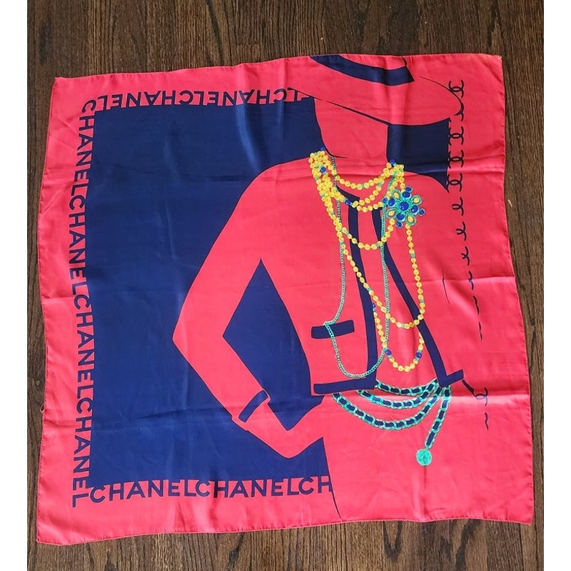 Vintage 90s Chanel Signature "Coco Portrait with Jewelry" Silk Scarf