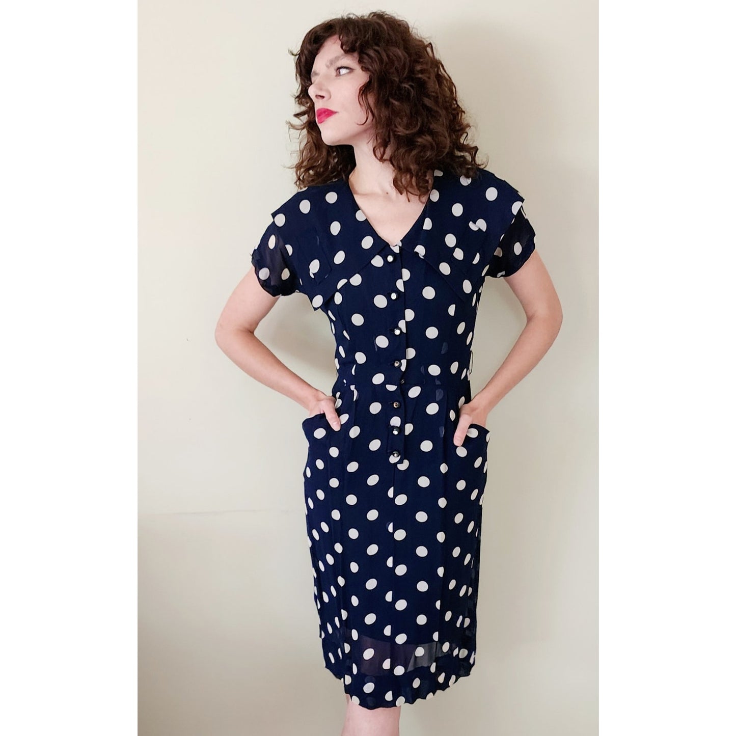 Vintage 40s Rayon Print Dress Navy Blue Polkadot  S