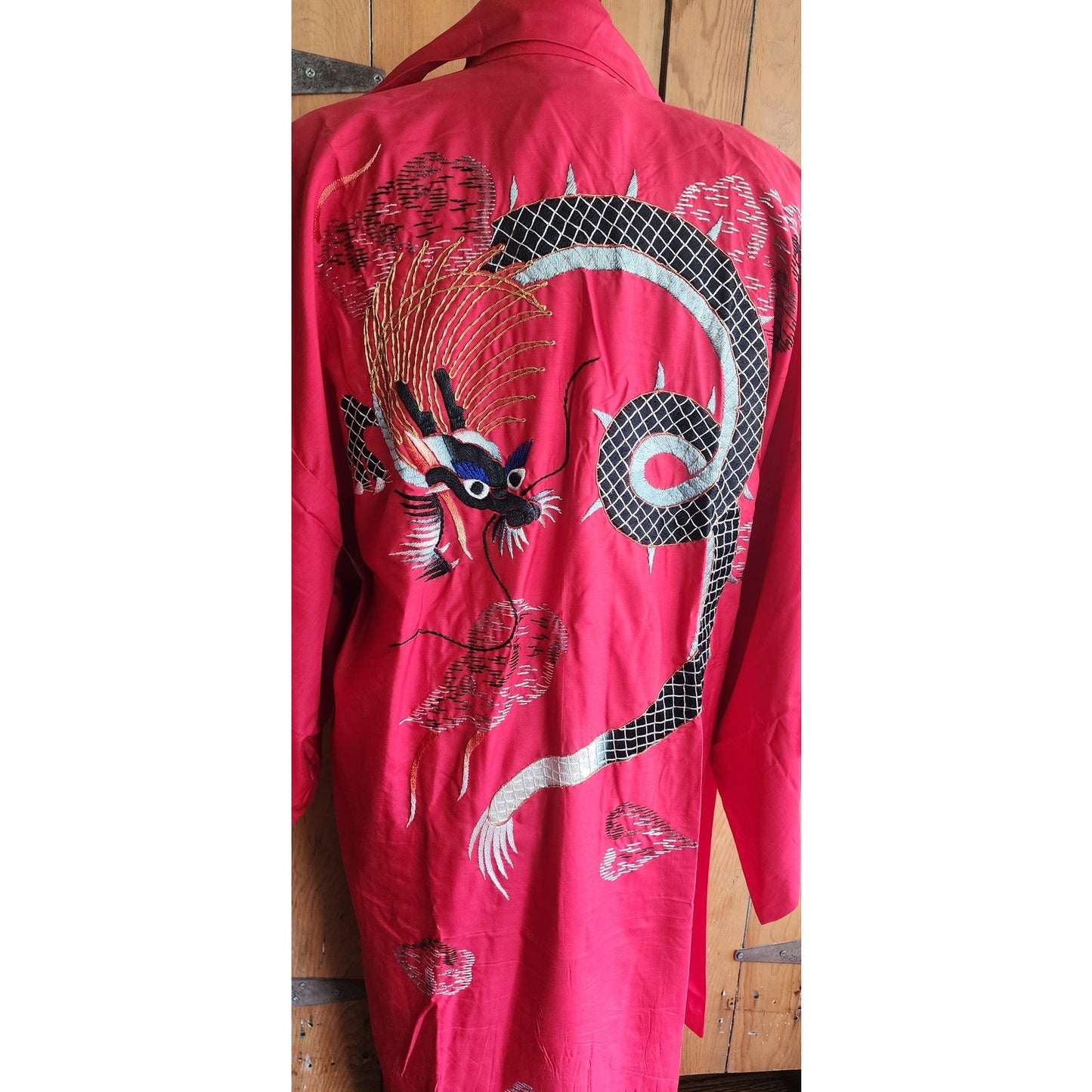 Vintage Japanese Dragon Robe Embroidered Red Silk