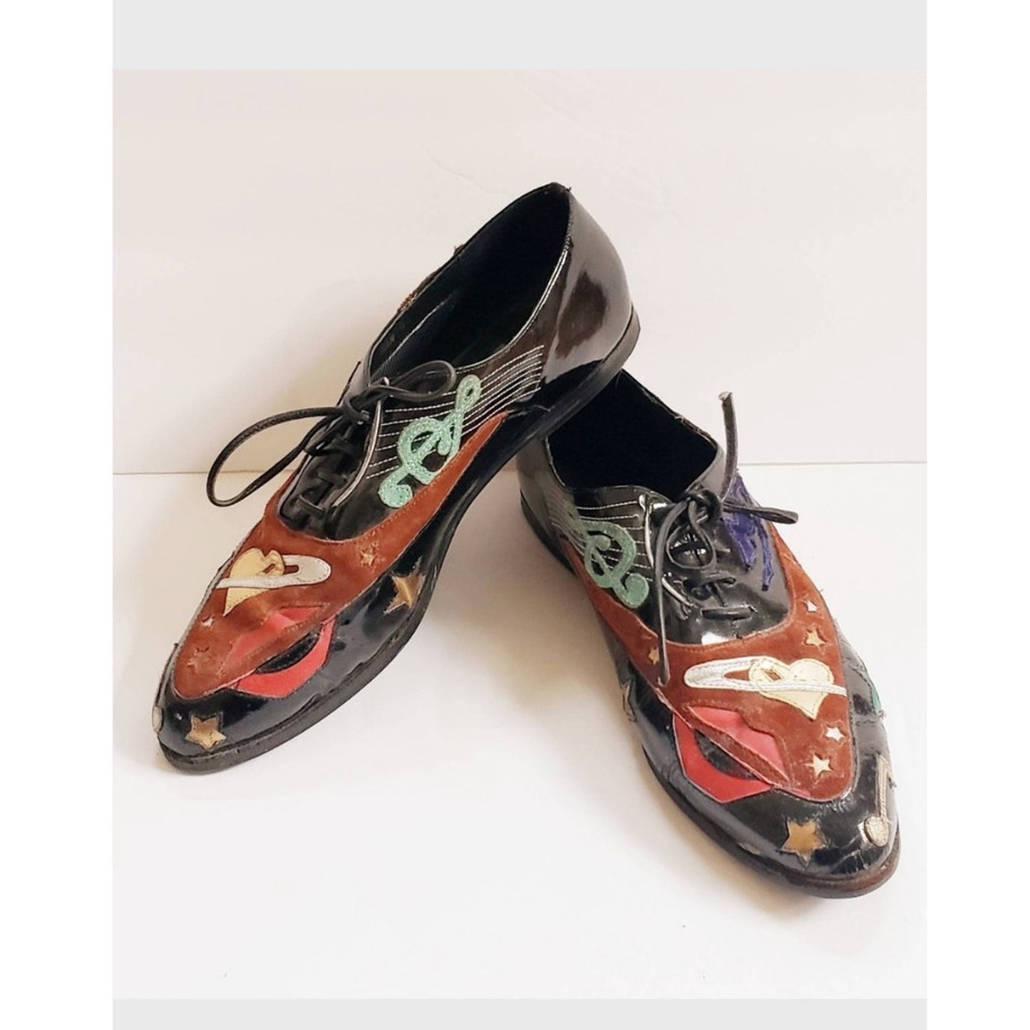 Vintage 90s Lace Up Shoes w/Graphicl Patchwork Music Notes Guitar Hearts Stars Lips Abstrax