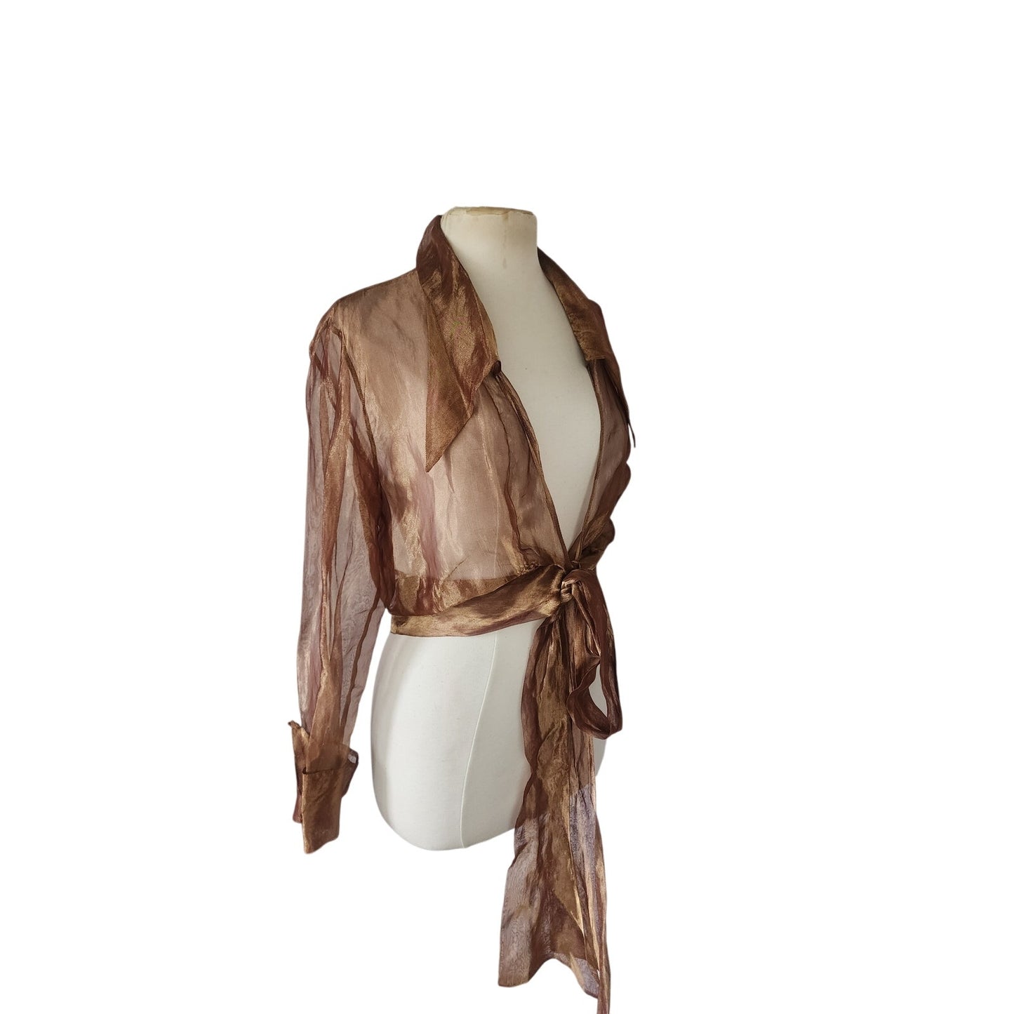 Vintage 90s Sheer Organza Blouse Jacket Copper Brown Sash Tie Belt