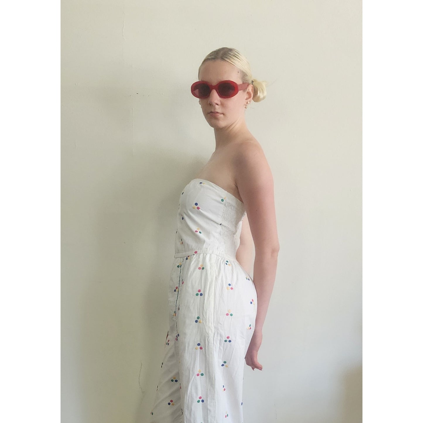 Vintage 1980s Jumpsuit White Cotton Polkadot Print Patti Cappalli / S to M