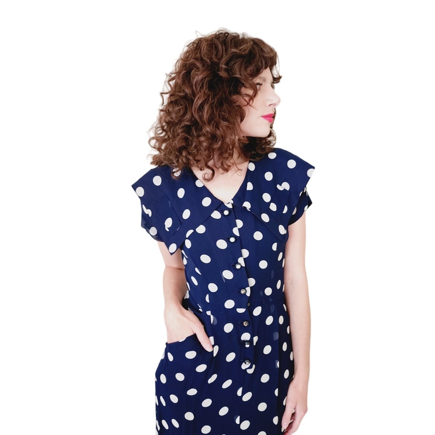 Vintage 40s Rayon Print Dress Navy Blue Polkadot  S