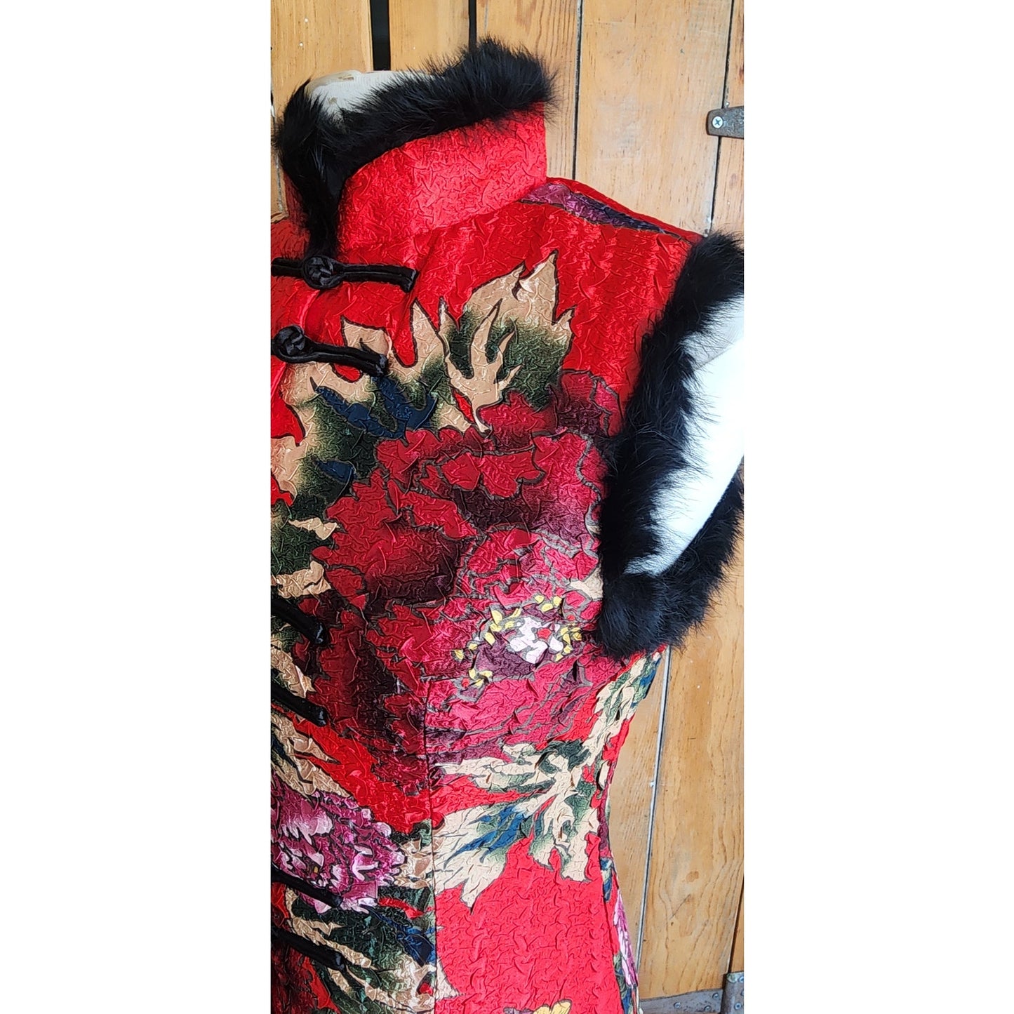 Chinese Costume Style Vest Waistcoat Rabbit Fur Trim Quilted Red Floral Print / XL
