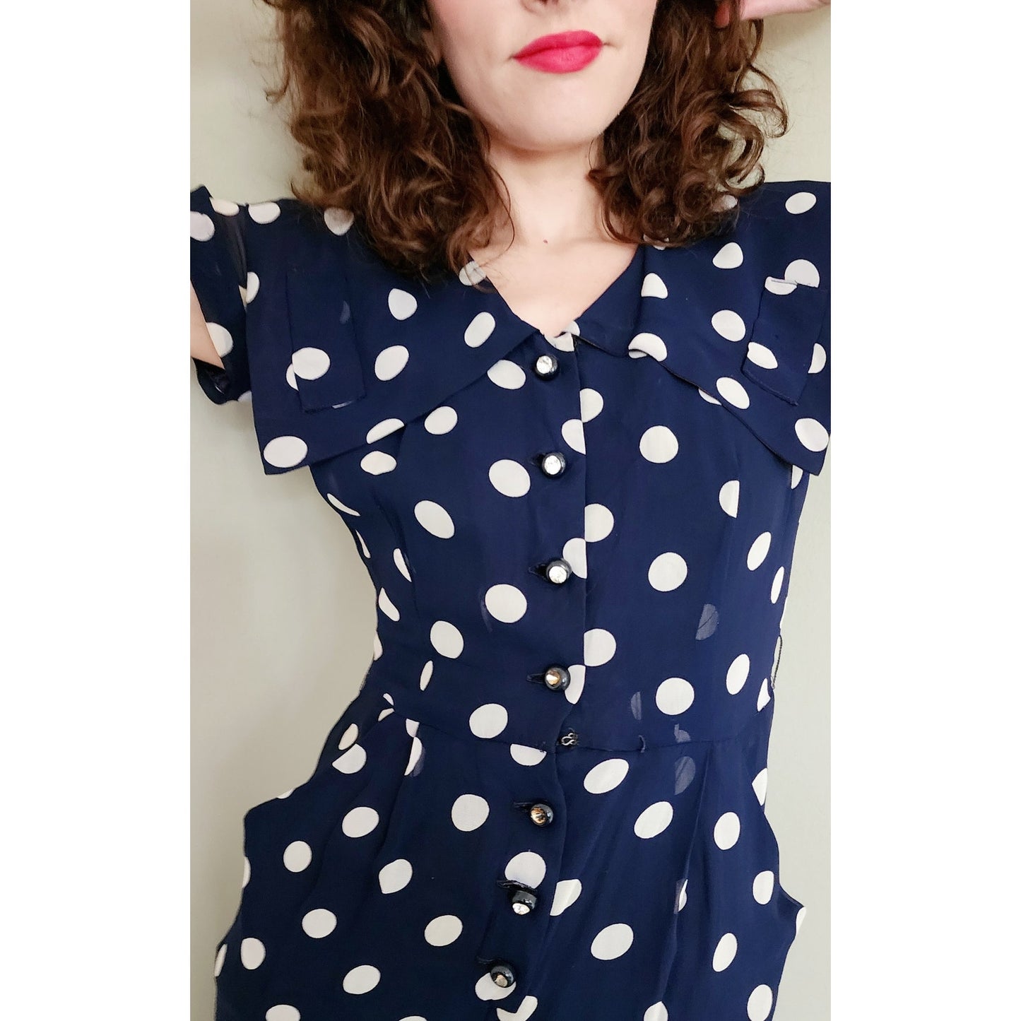 Vintage 40s Rayon Print Dress Navy Blue Polkadot  S