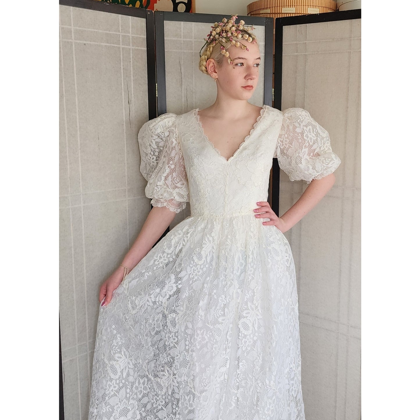 Vintage 80s White Lace Wedding Dress Statement Sleeves