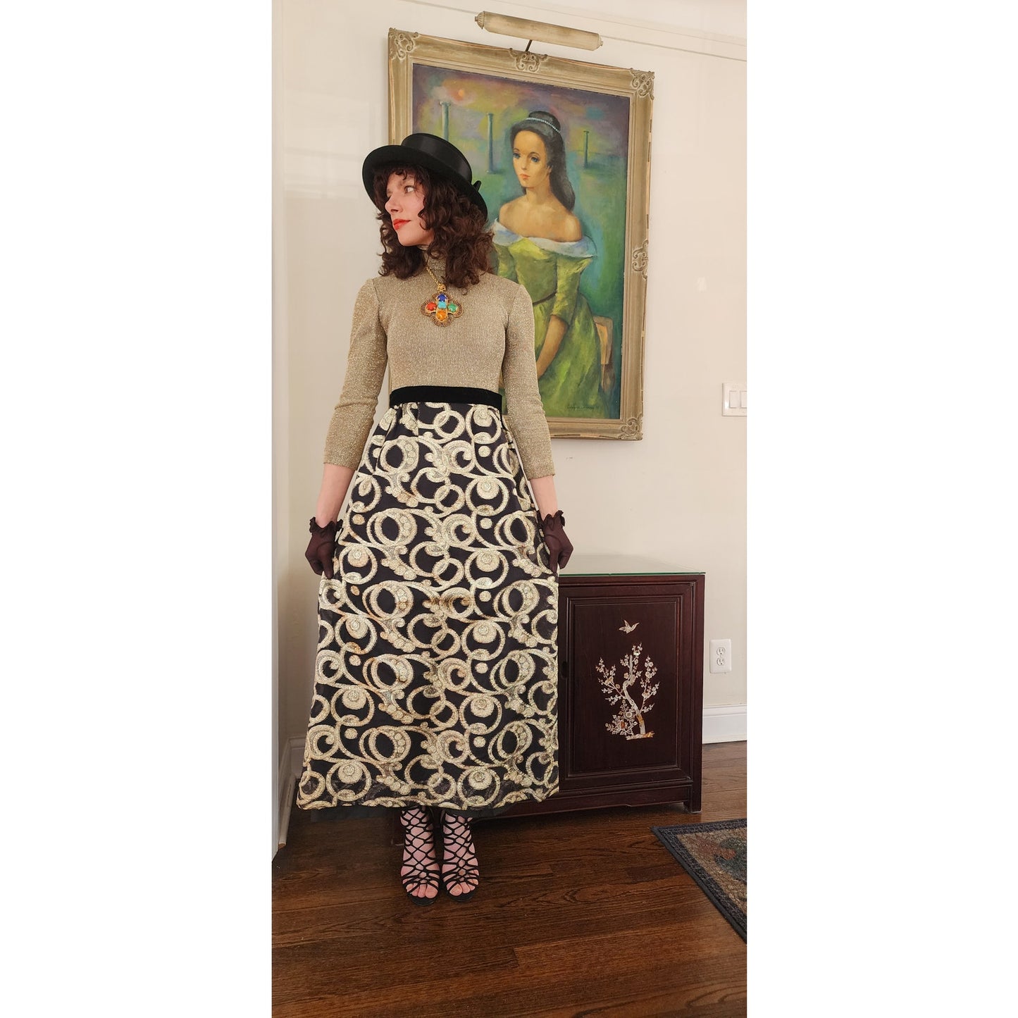 Vintage 1970s Gold & Black Maxi Dress Metallic Spiral Swirl / S