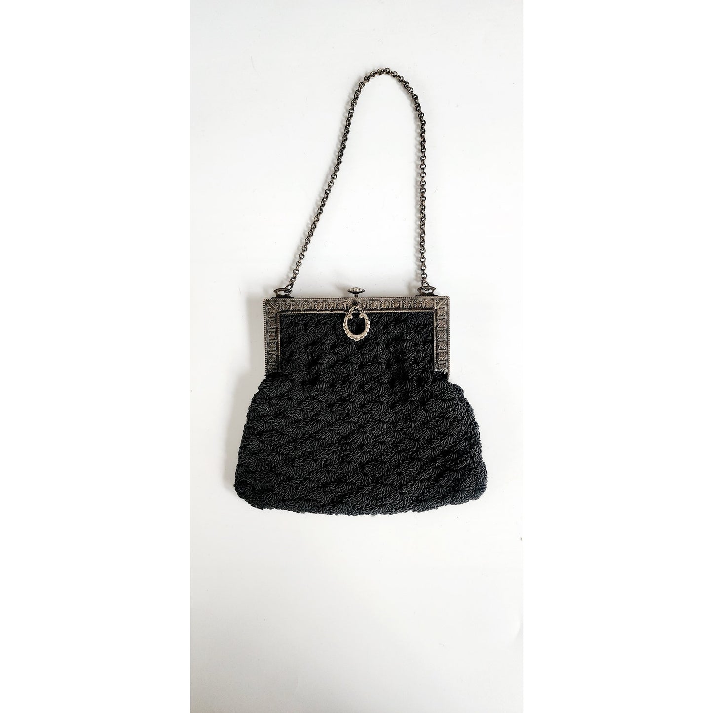 Antique Black Crochet Bag Silver Metal Etched Frame Edwardian 1910s Purse