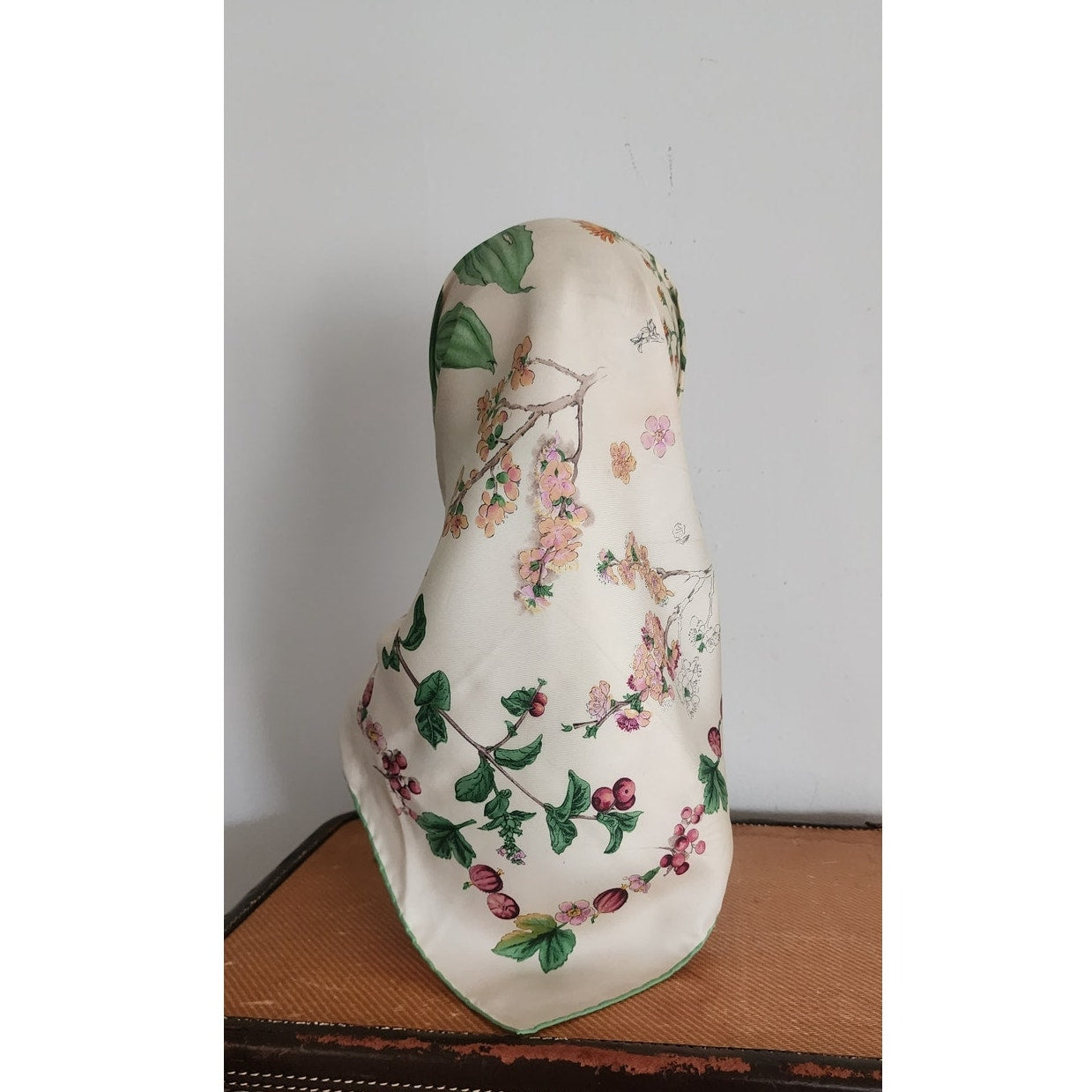 Vintage Tiffany & Co. Scarf Silk Square Botanical Floral Theme Green Cream