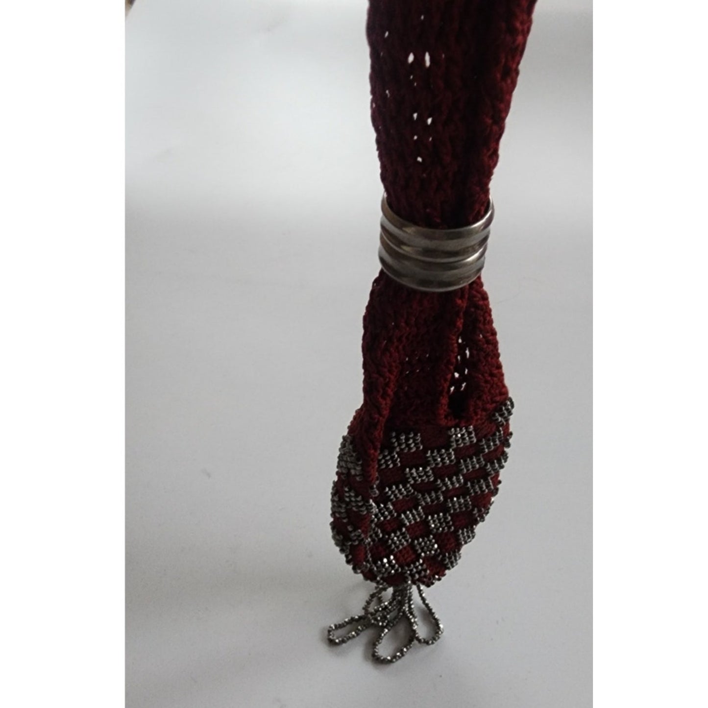Antique Victorian Hand Bag Beaded Miser's Purse Burgundy Red Steel Beads Crochet