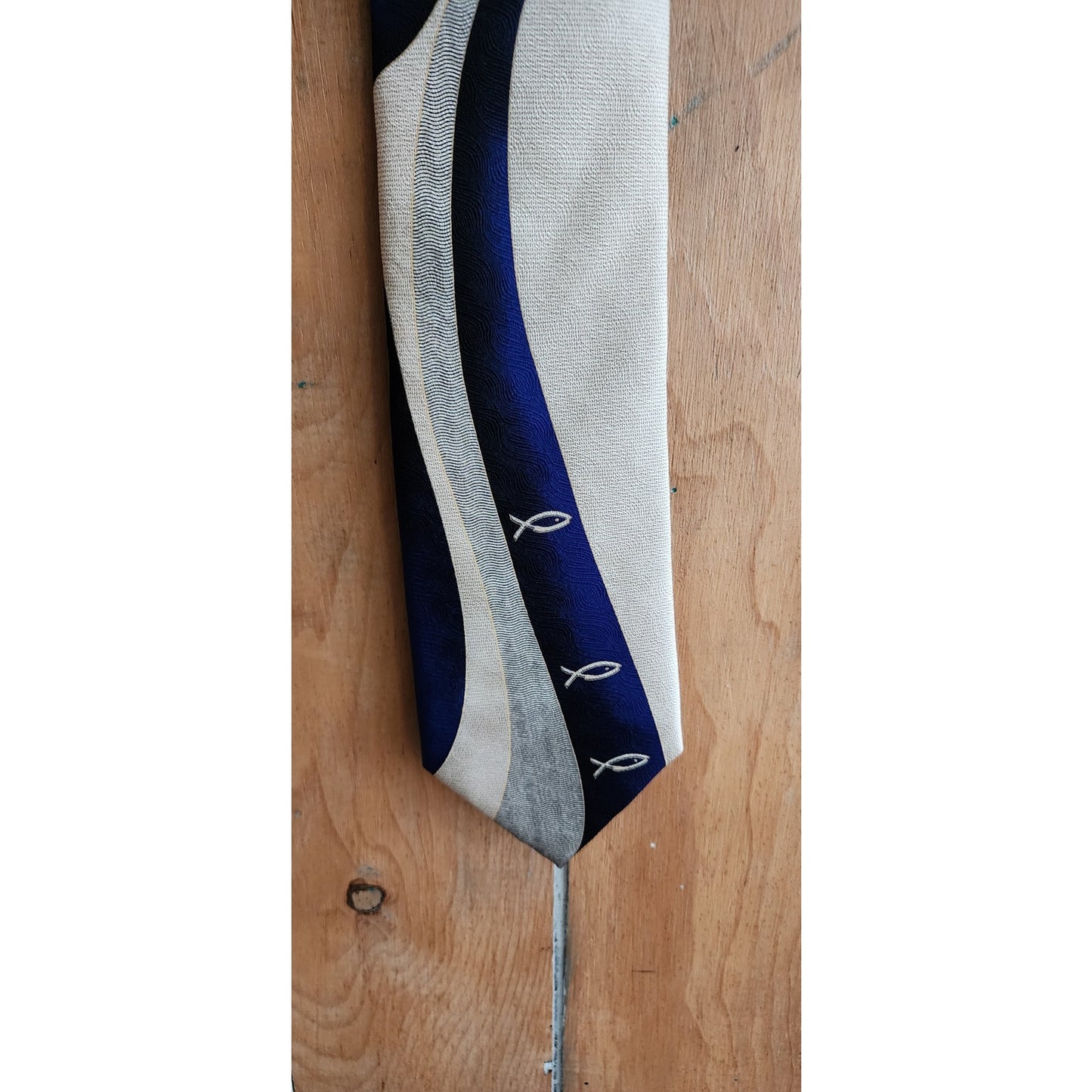 Vintage Mens Wide Tie Christians Closet Jesus Fish Blue Beige Print 40s Style