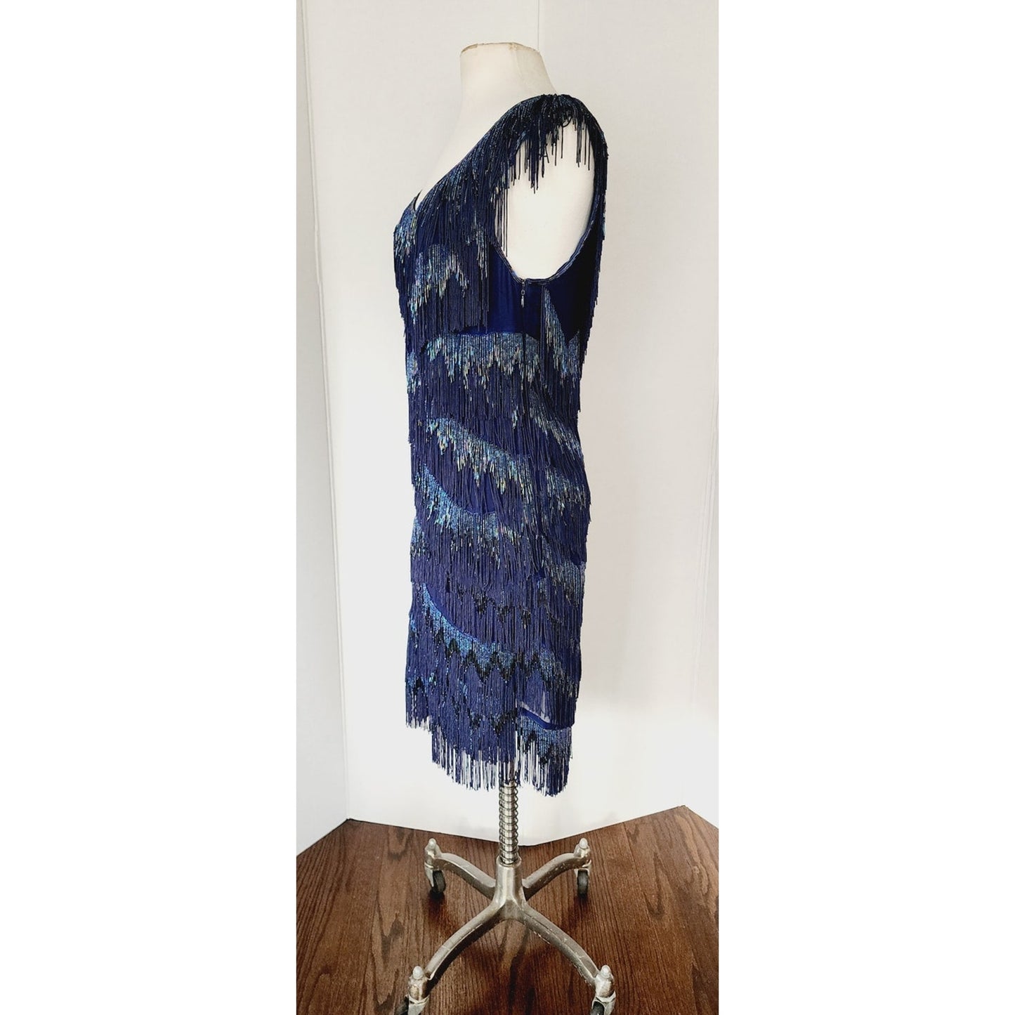 Vintage 2000s Blue Beaded Dress Silk Fringe Flapper Style / Medium