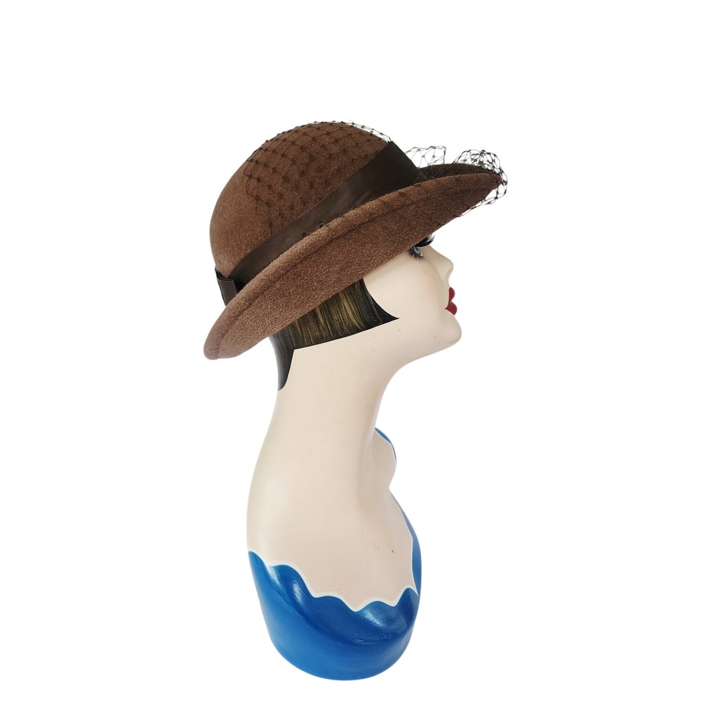 Vintage 1980s Ladies Bowler Hat Brown Wool w/Veil & Bow Betmar