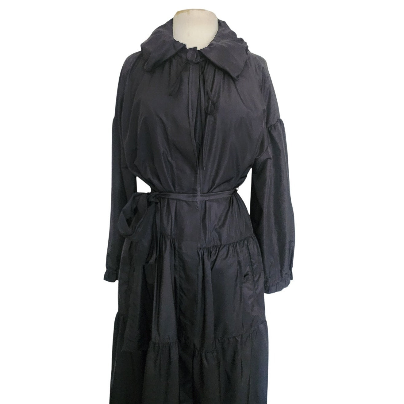 Vintage 2000s Sonia Rykiel Coat Dress / Black Trench Belted Raincoat Ruffled Skirt + Hood / M