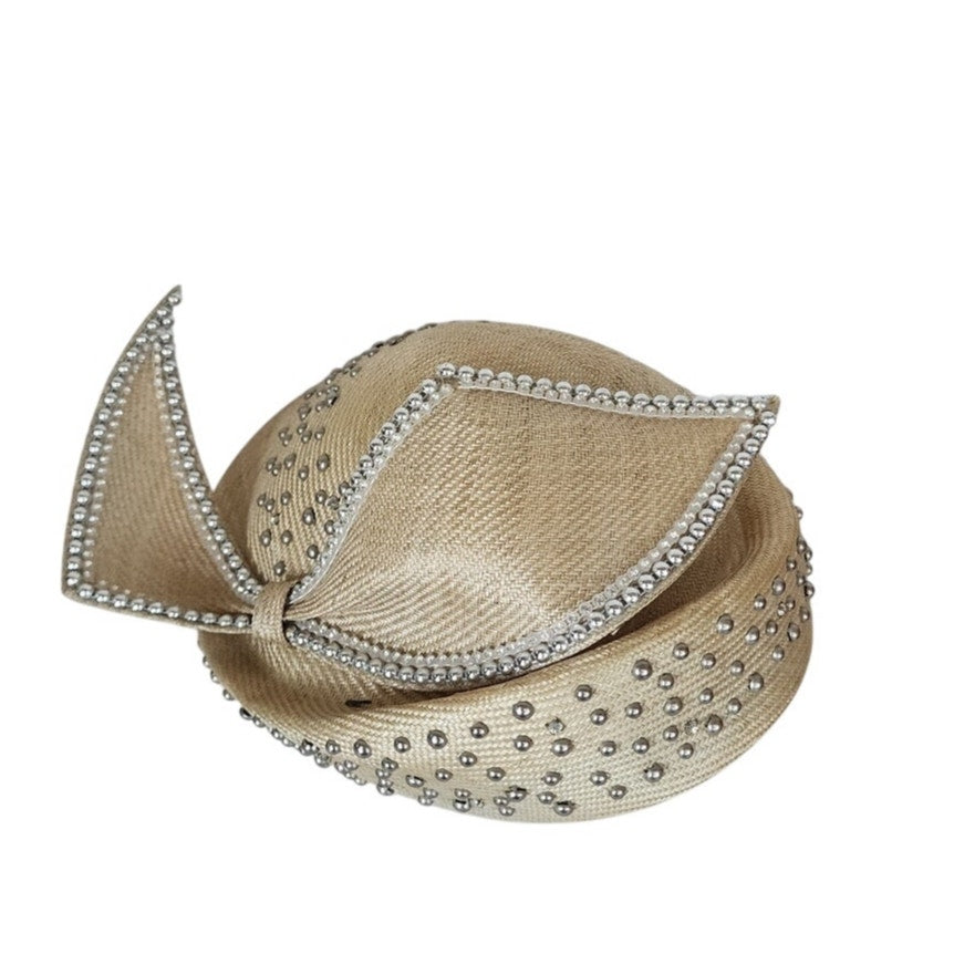Vintage Jack McConnell Hat Asymmetrical Cream Straw Pearls Studs