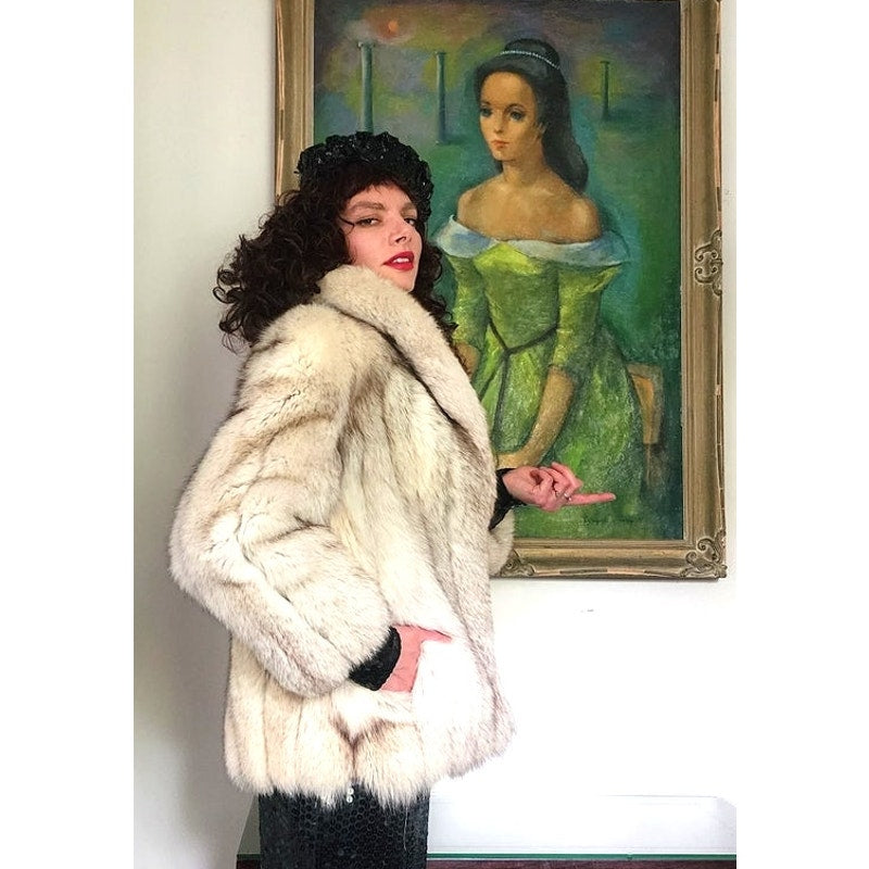 Vintage 70s Silver Fox Fur Jacket Large Collar